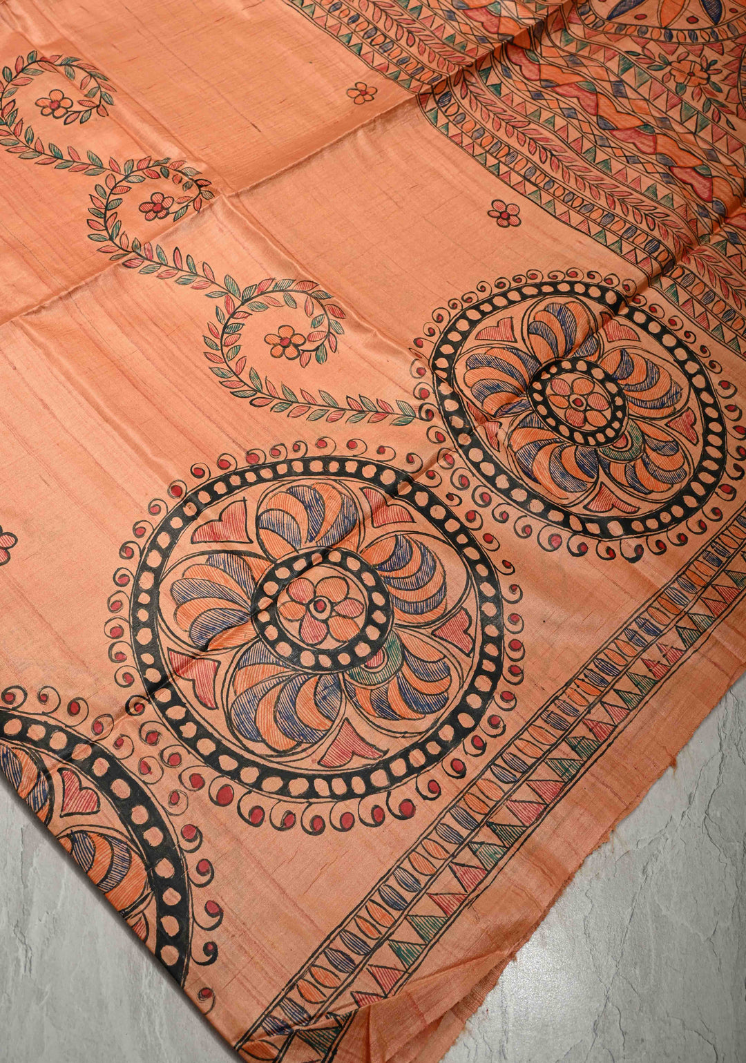 Antique Peach Tussar Silk Sree with Madhubani hand painting | SILK MARK CERTIFIED | SHOBITAM