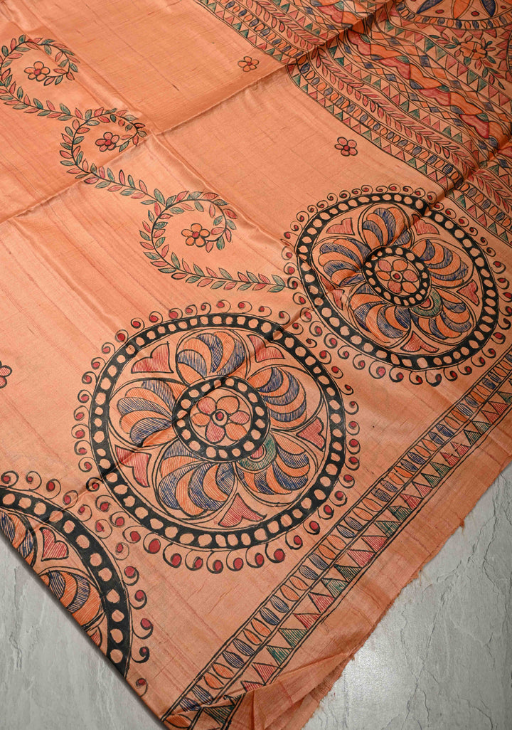 Antique Peach Tussar Silk Sree with Madhubani hand painting | SILK MARK CERTIFIED | SHOBITAM