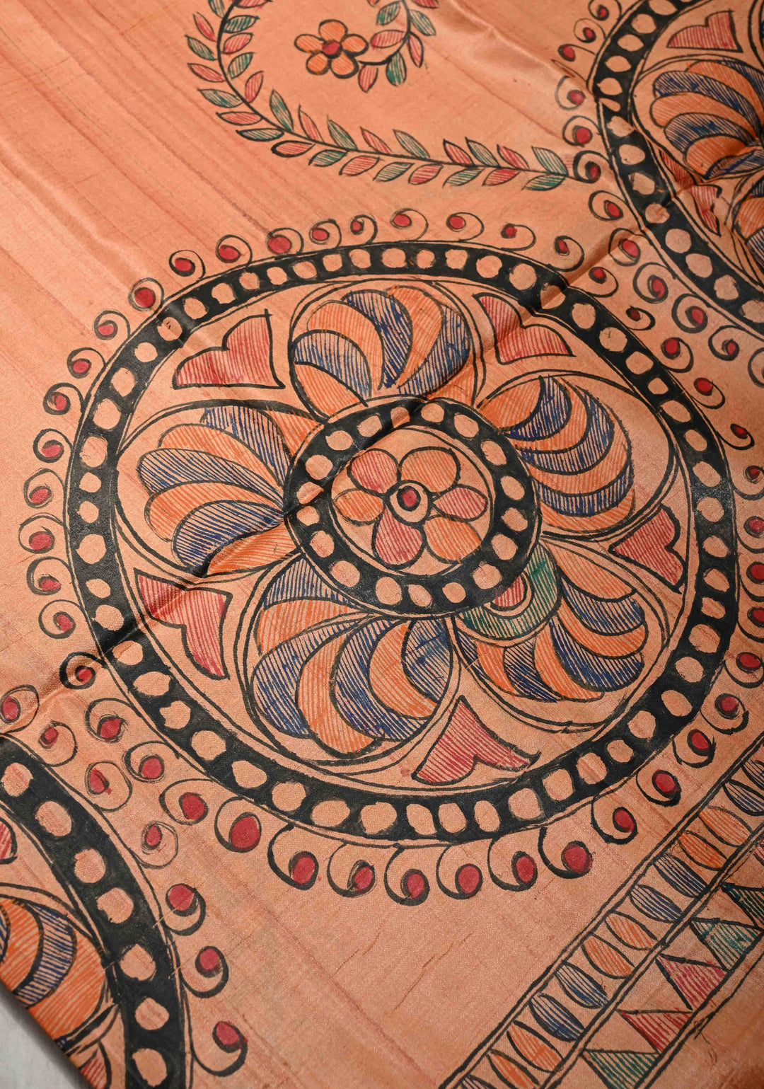 Antique Peach Tussar Silk Sree with Madhubani hand painting | SILK MARK CERTIFIED | SHOBITAM