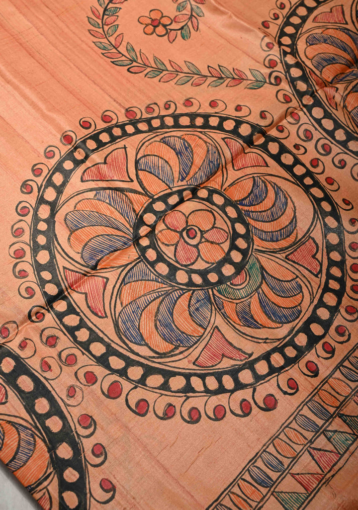 Antique Peach Tussar Silk Sree with Madhubani hand painting | SILK MARK CERTIFIED | SHOBITAM