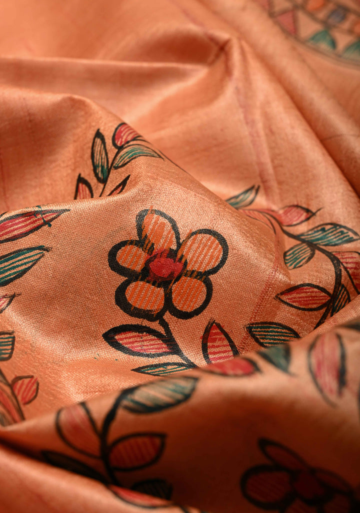 Antique Peach Tussar Silk Sree with Madhubani hand painting | SILK MARK CERTIFIED | SHOBITAM