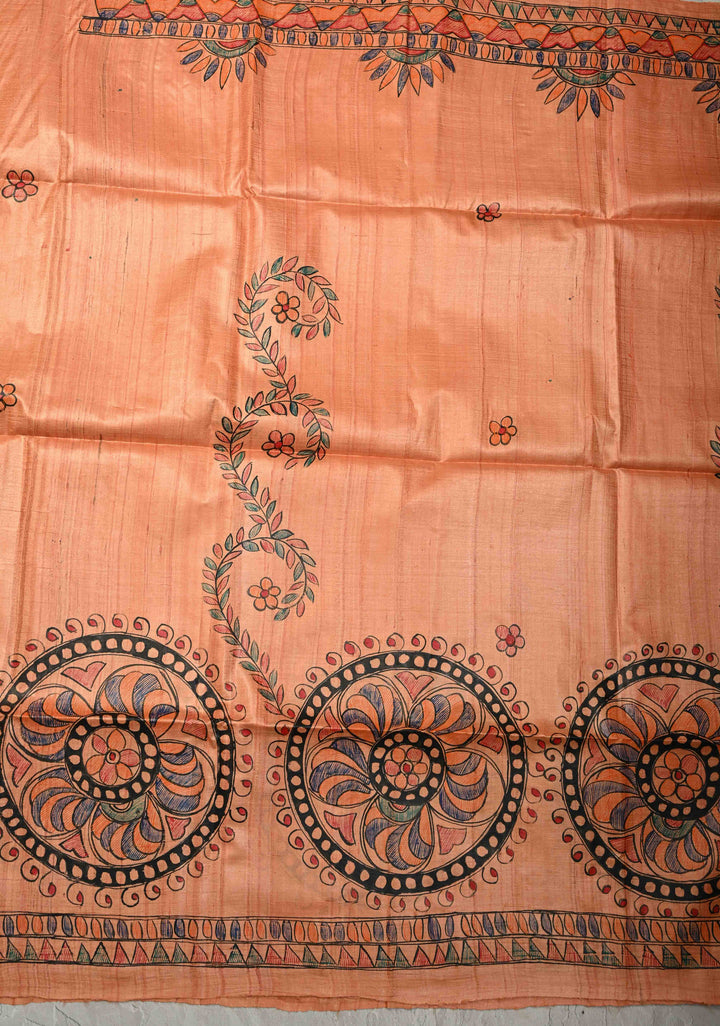Antique Peach Tussar Silk Sree with Madhubani hand painting | SILK MARK CERTIFIED | SHOBITAM
