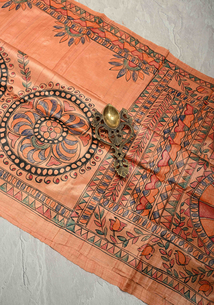 Antique Peach Tussar Silk Sree with Madhubani hand painting | SILK MARK CERTIFIED | SHOBITAM