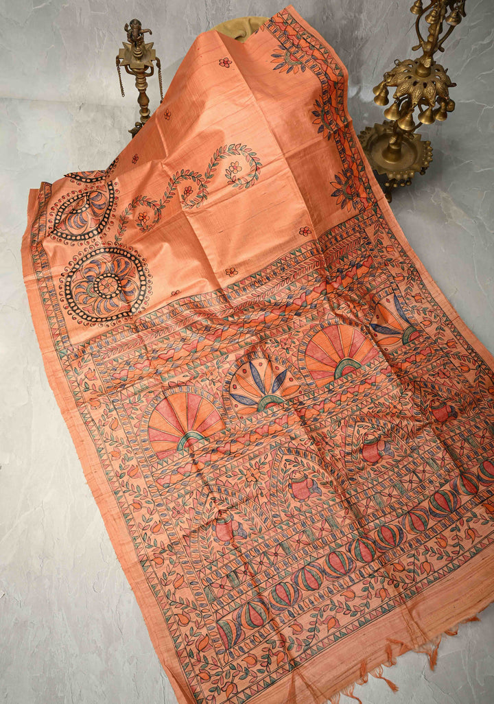 Antique Peach Tussar Silk Sree with Madhubani hand painting | SILK MARK CERTIFIED | SHOBITAM