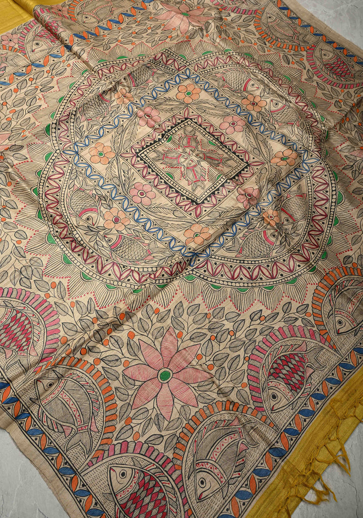 Mithila Matsya Madhubani hand painting on  Geecha Silk Saree | SILK MARK CERTIFIED
