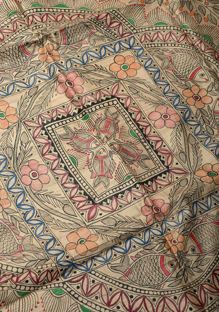 Mithila Matsya Madhubani hand painting on  Geecha Silk Saree | SILK MARK CERTIFIED