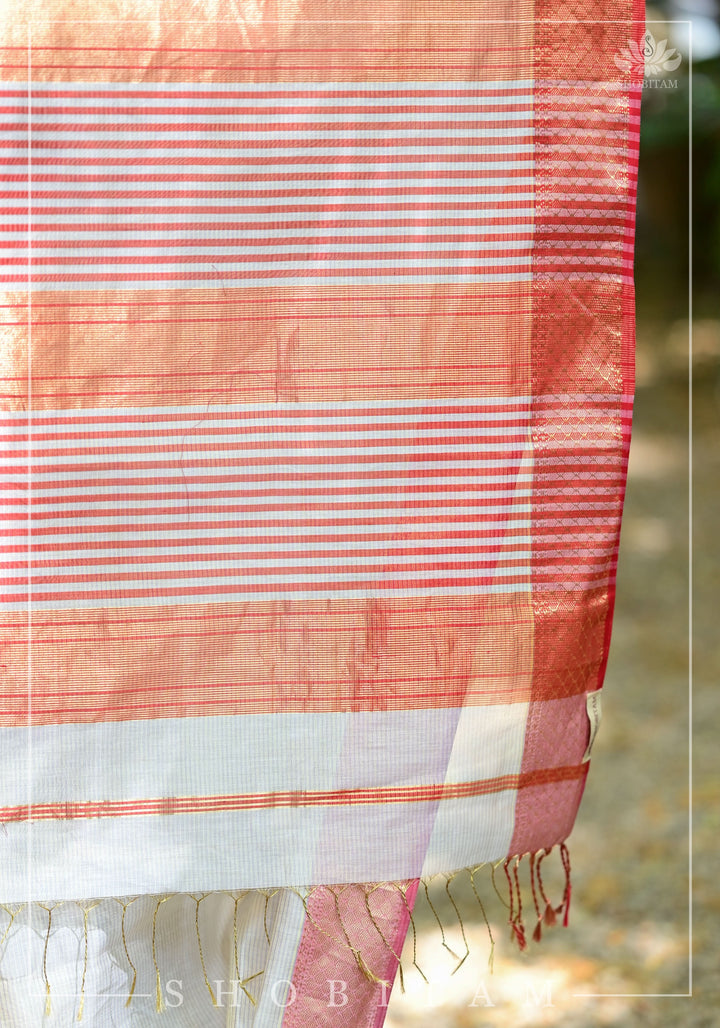 Tissue Stripes on Silk-Cotton Pure Maheshwari Saree in Off White and Soft Red!