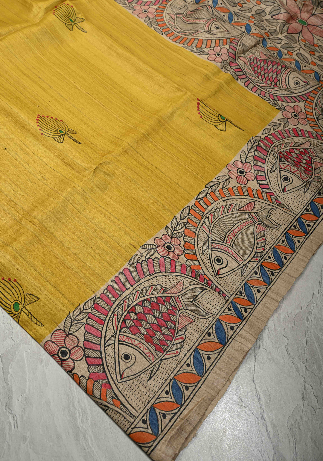 Mithila Matsya Madhubani hand painting on  Geecha Silk Saree | SILK MARK CERTIFIED