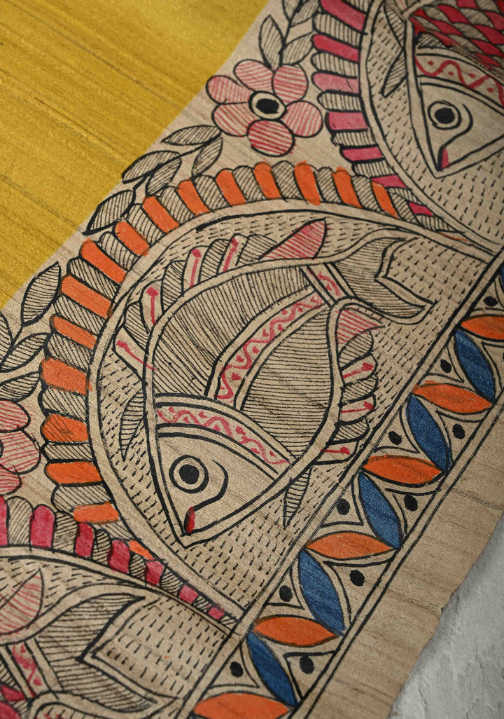 Mithila Matsya Madhubani hand painting on  Geecha Silk Saree | SILK MARK CERTIFIED