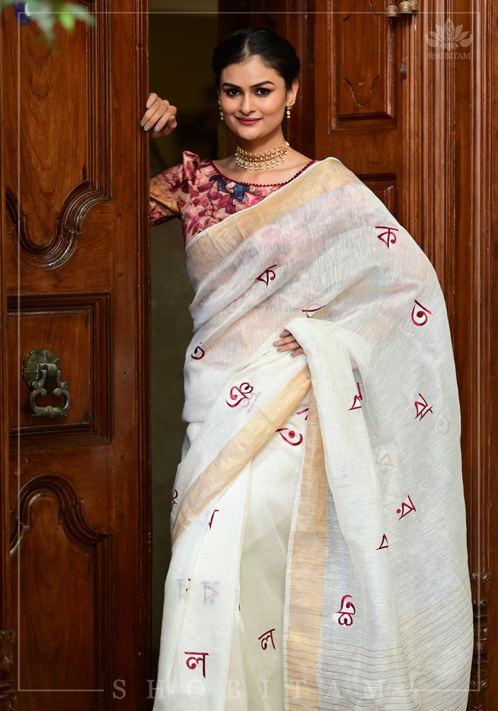 Bangla Alphabets embroidered Silk Linen Saree