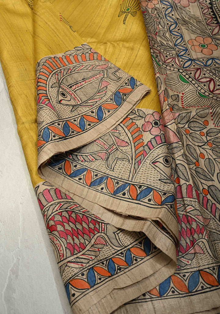 Mithila Matsya Madhubani hand painting on  Geecha Silk Saree | SILK MARK CERTIFIED