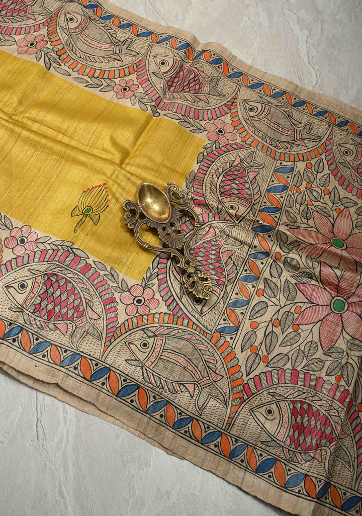 Mithila Matsya Madhubani hand painting on  Geecha Silk Saree | SILK MARK CERTIFIED