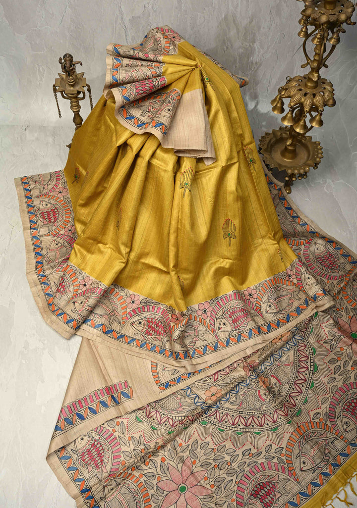 Mithila Matsya Madhubani hand painting on  Geecha Silk Saree | SILK MARK CERTIFIED