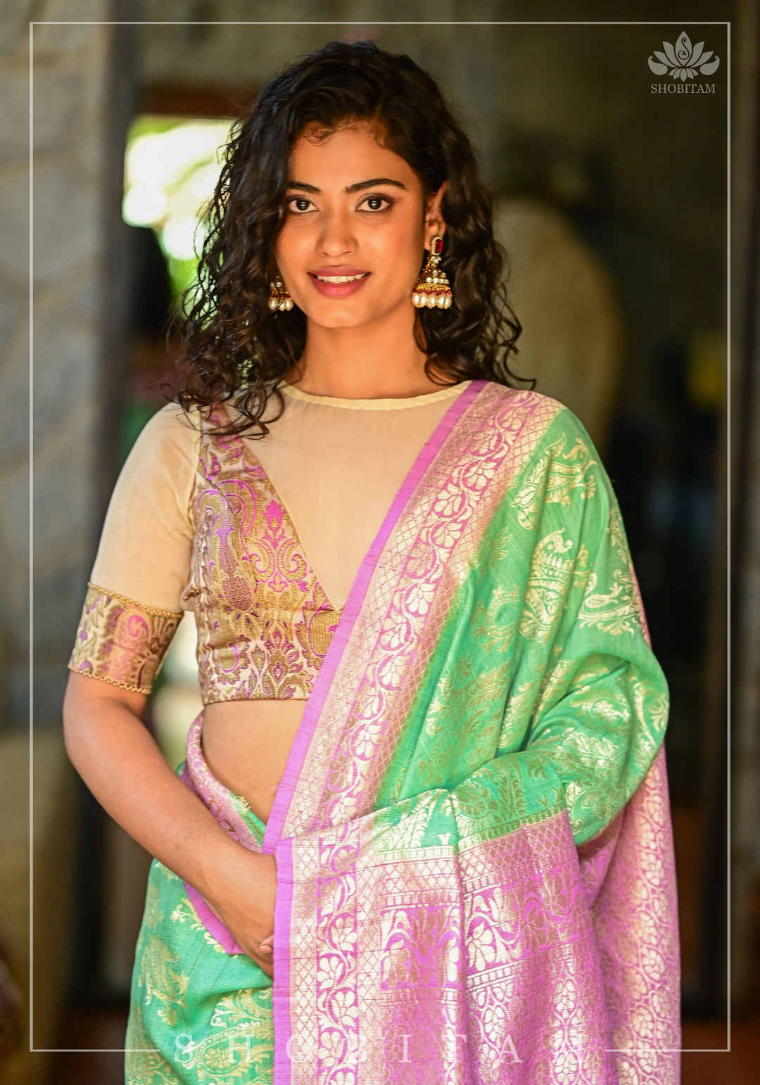 Purple Banarasi Blouse with sheer yoke, back and sleeves in beige net