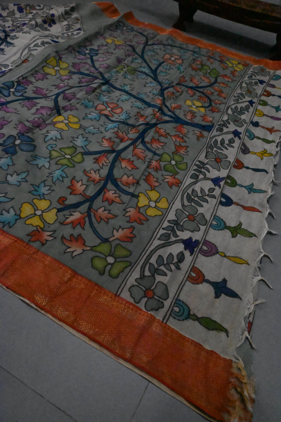 Tree Of Life Arches Theme : Authentic Pen Kalamkari on Pure Mangalagiri Silk Cotton Saree with Red Zari Borders | SHOBITAM