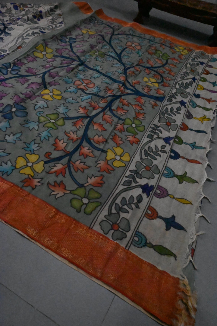 Tree Of Life Arches Theme : Authentic Pen Kalamkari on Pure Mangalagiri Silk Cotton Saree with Red Zari Borders | SHOBITAM