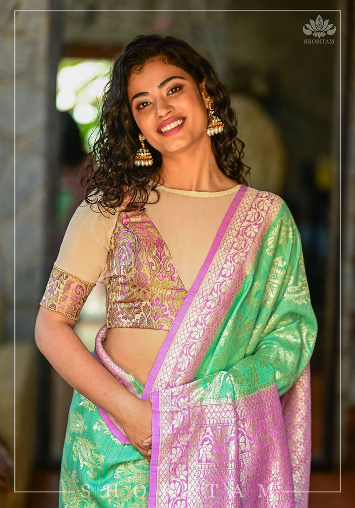 Purple Banarasi Blouse with sheer yoke, back and sleeves in beige net