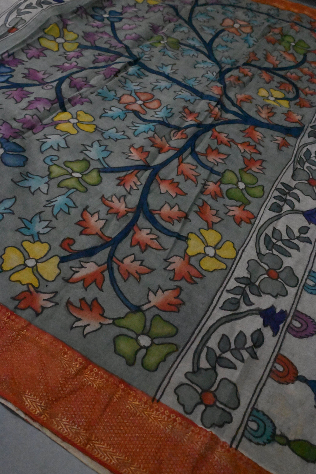 Tree Of Life Arches Theme : Authentic Pen Kalamkari on Pure Mangalagiri Silk Cotton Saree with Red Zari Borders | SHOBITAM