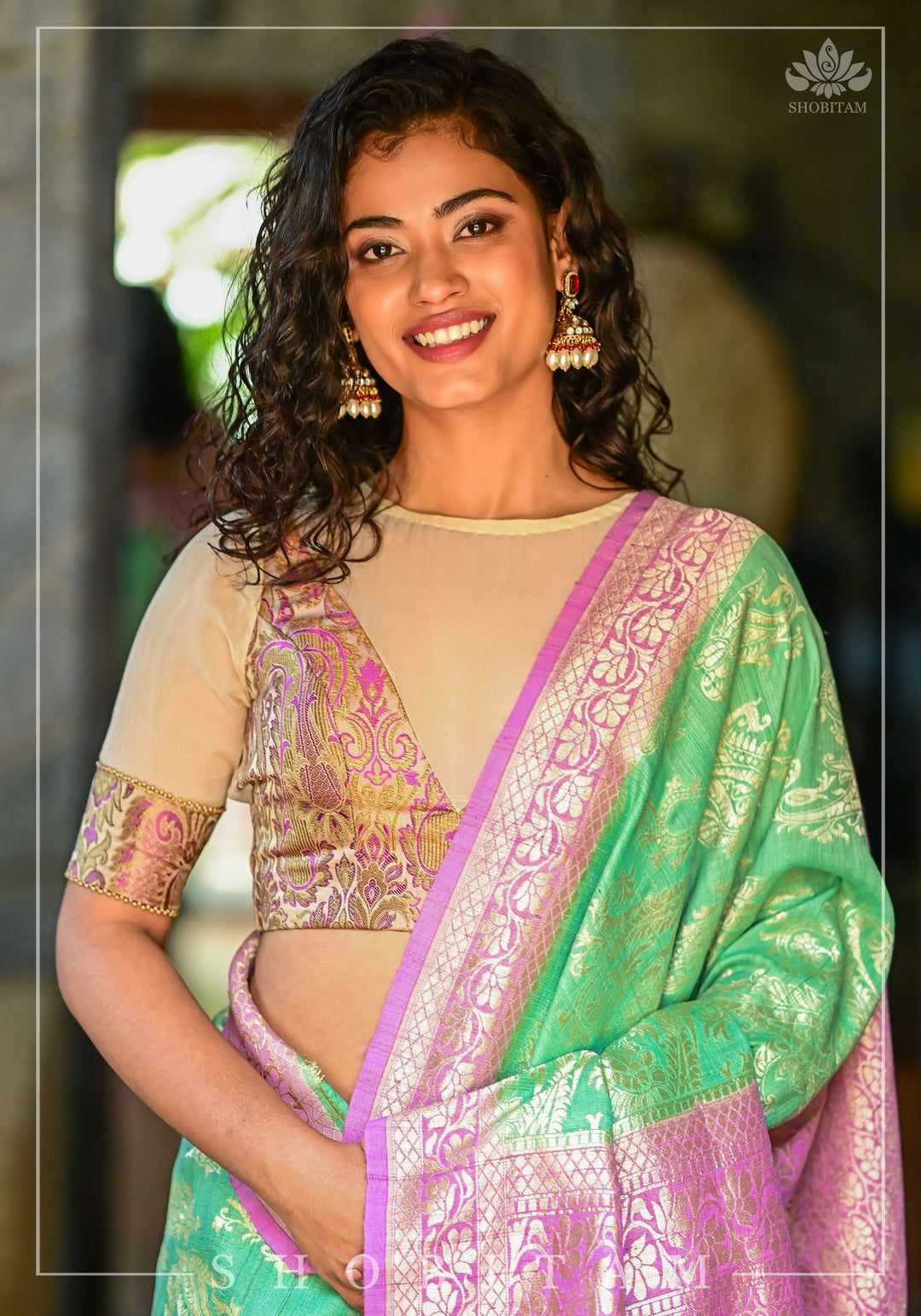 Purple Banarasi Blouse with sheer yoke, back and sleeves in beige net