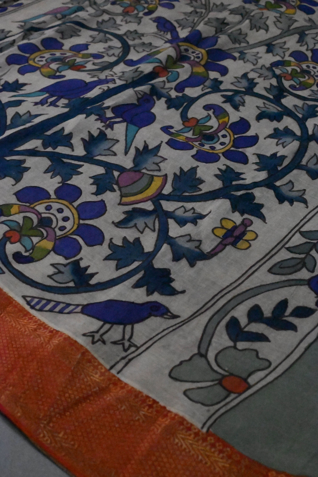 Tree Of Life Arches Theme : Authentic Pen Kalamkari on Pure Mangalagiri Silk Cotton Saree with Red Zari Borders | SHOBITAM