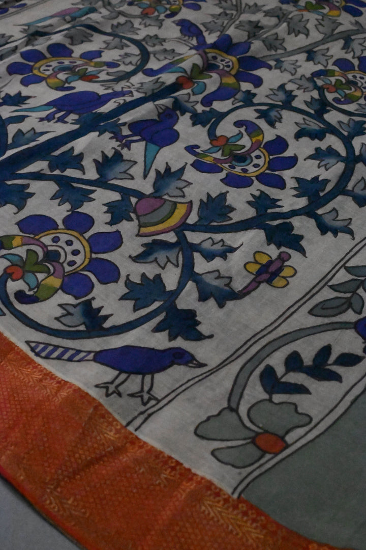 Tree Of Life Arches Theme : Authentic Pen Kalamkari on Pure Mangalagiri Silk Cotton Saree with Red Zari Borders | SHOBITAM