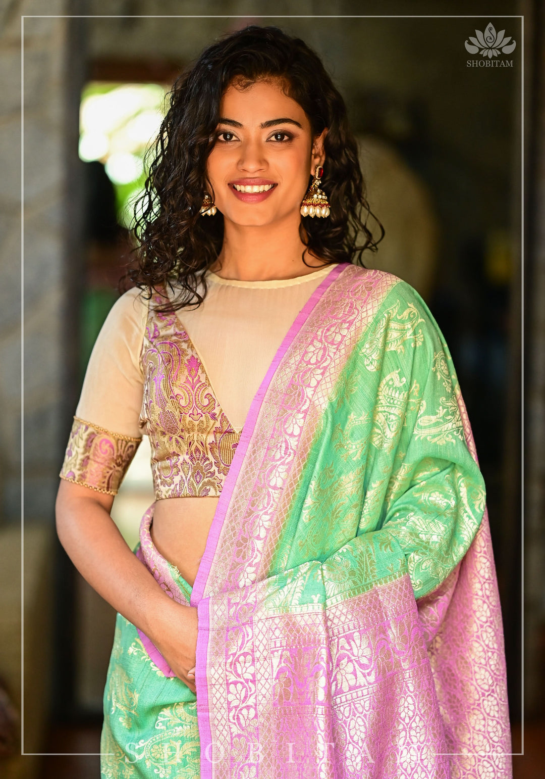 Purple Banarasi Blouse with sheer yoke, back and sleeves in beige net