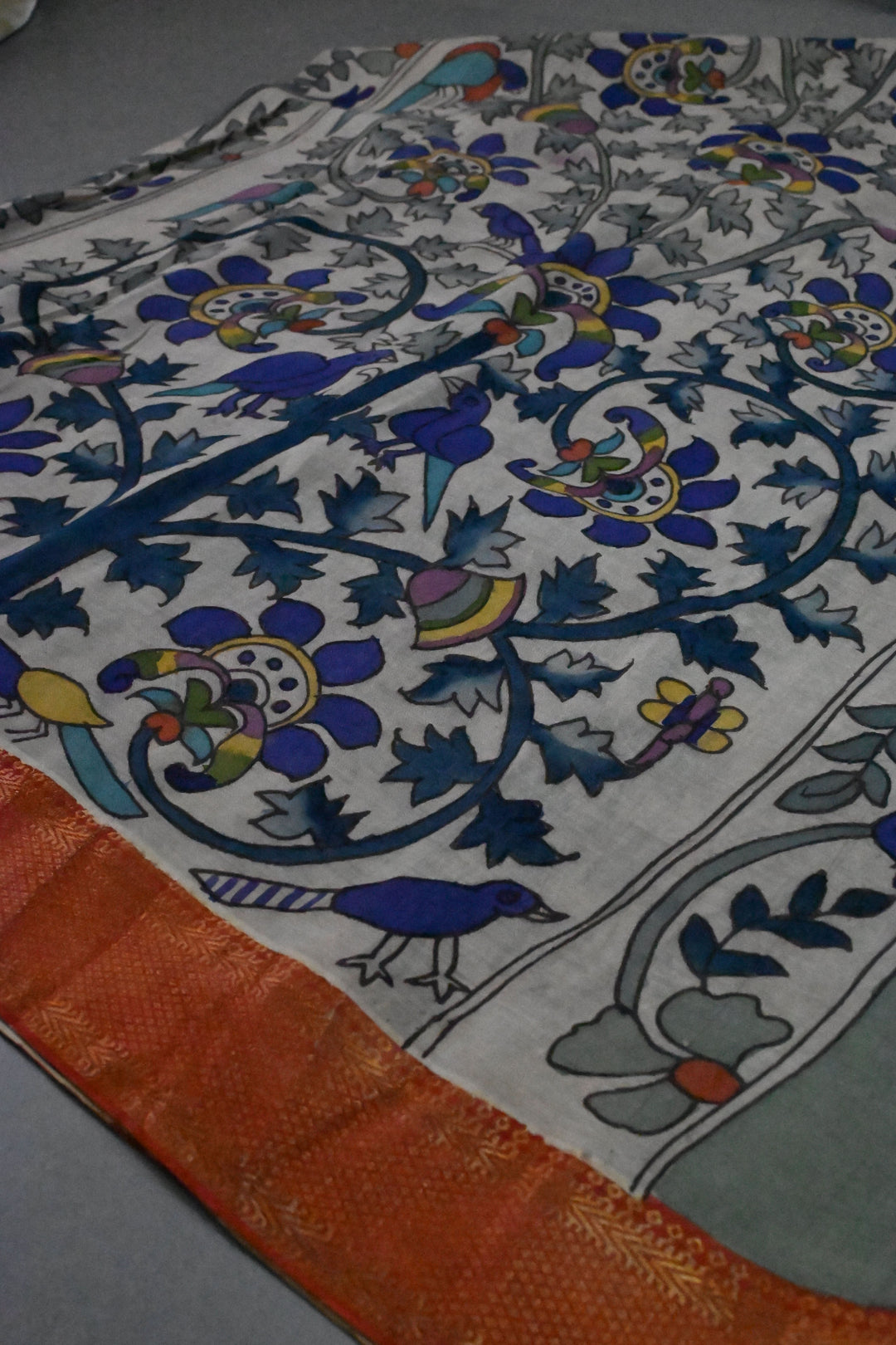 Tree Of Life Arches Theme : Authentic Pen Kalamkari on Pure Mangalagiri Silk Cotton Saree with Red Zari Borders | SHOBITAM