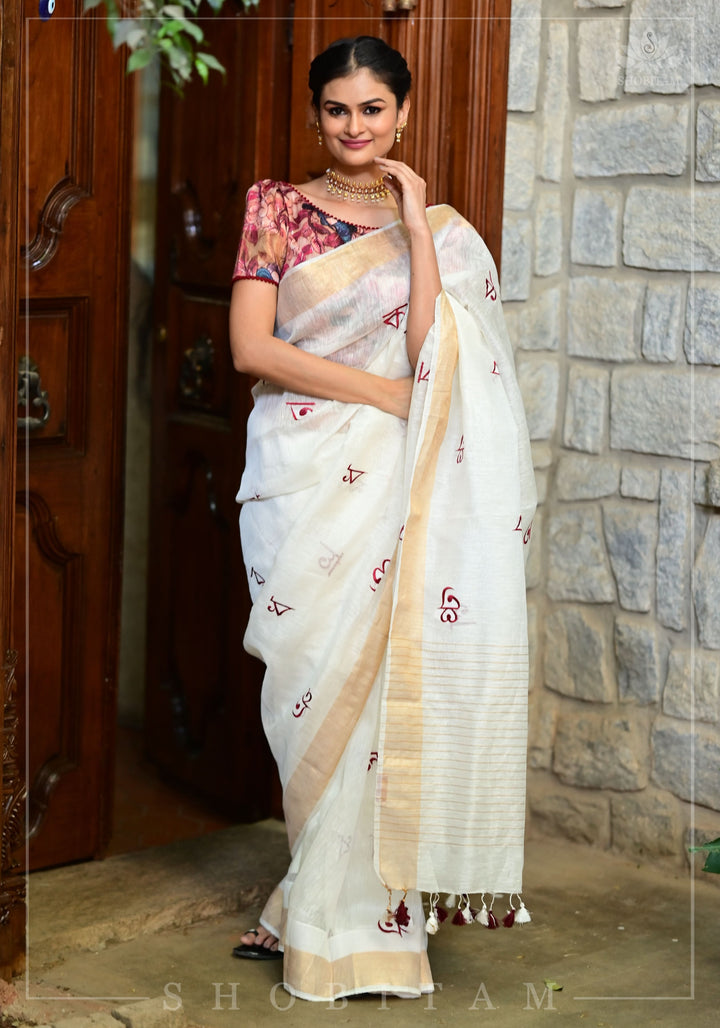 Bangla Alphabets embroidered Silk Linen Saree