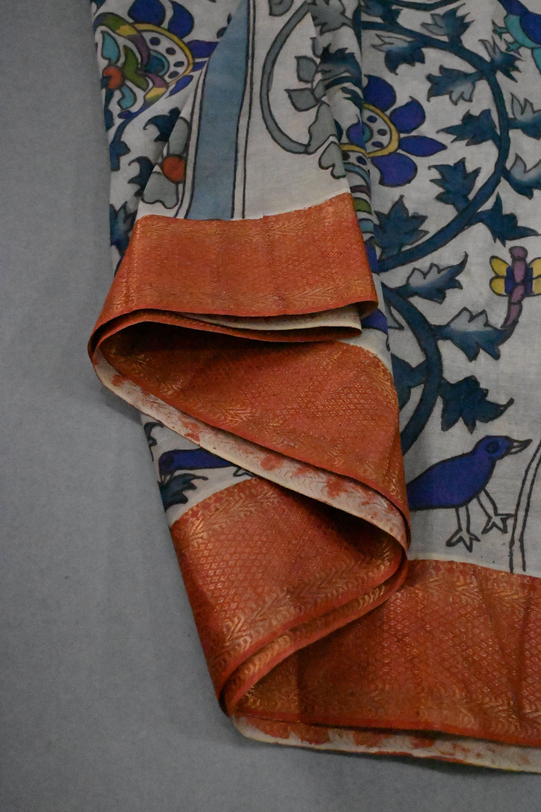 Tree Of Life Arches Theme : Authentic Pen Kalamkari on Pure Mangalagiri Silk Cotton Saree with Red Zari Borders | SHOBITAM