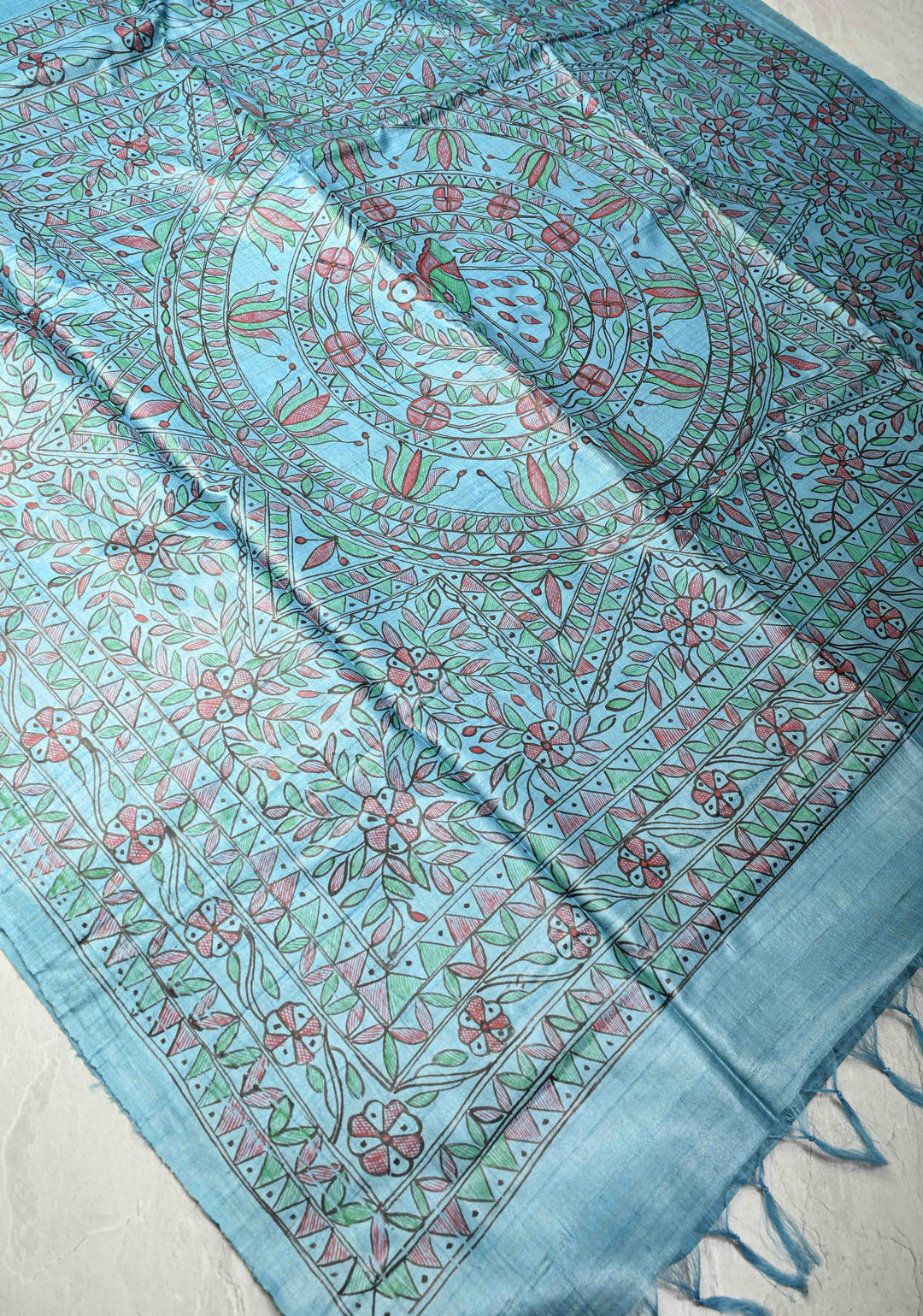 Turquoise Sanskriti Pushpanjali Tussar Saree with Madhubani hand painting | SILK MARK CERTIFIED