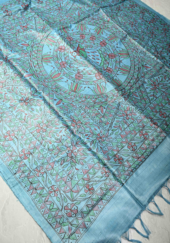 Turquoise Sanskriti Pushpanjali Tussar Saree with Madhubani hand painting | SILK MARK CERTIFIED