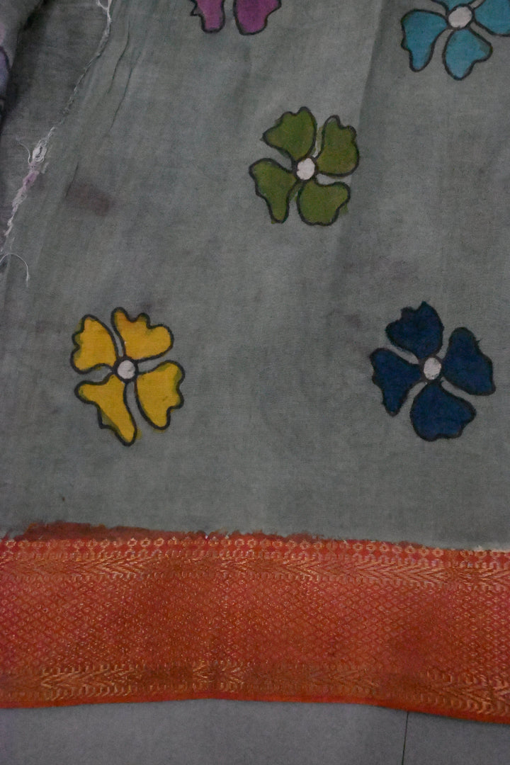 Tree Of Life Arches Theme : Authentic Pen Kalamkari on Pure Mangalagiri Silk Cotton Saree with Red Zari Borders | SHOBITAM