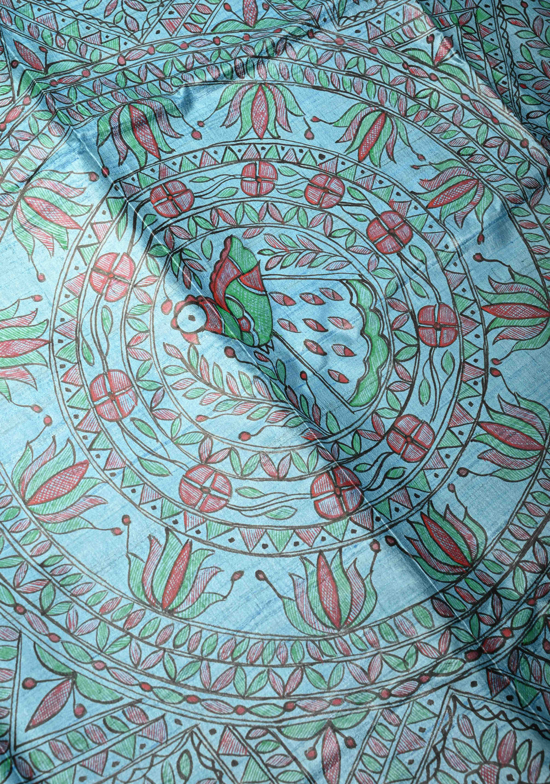 Turquoise Sanskriti Pushpanjali Tussar Saree with Madhubani hand painting | SILK MARK CERTIFIED