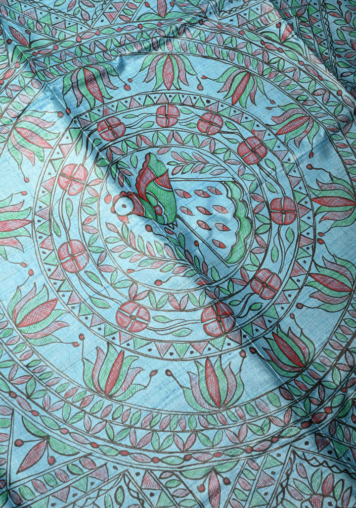Turquoise Sanskriti Pushpanjali Tussar Saree with Madhubani hand painting | SILK MARK CERTIFIED