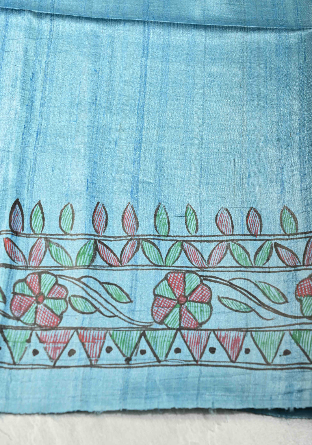 Turquoise Sanskriti Pushpanjali Tussar Saree with Madhubani hand painting | SILK MARK CERTIFIED