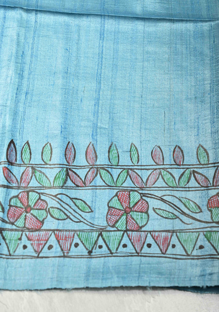 Turquoise Sanskriti Pushpanjali Tussar Saree with Madhubani hand painting | SILK MARK CERTIFIED