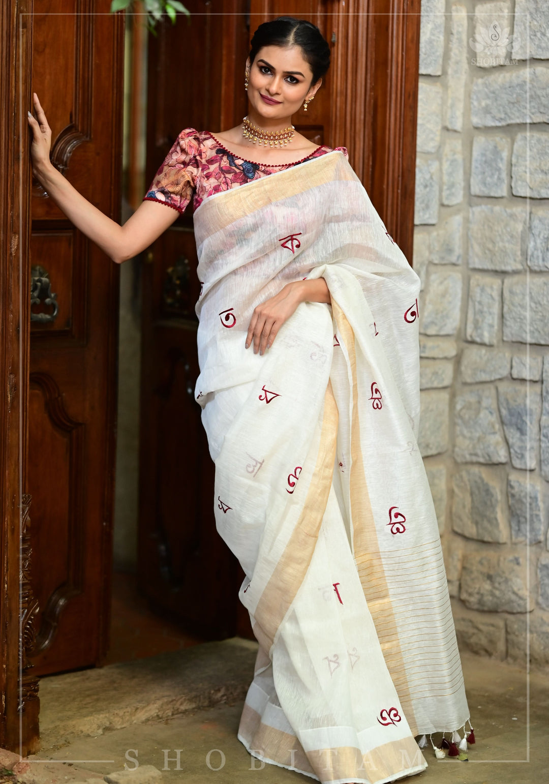 Bangla Alphabets embroidered Silk Linen Saree