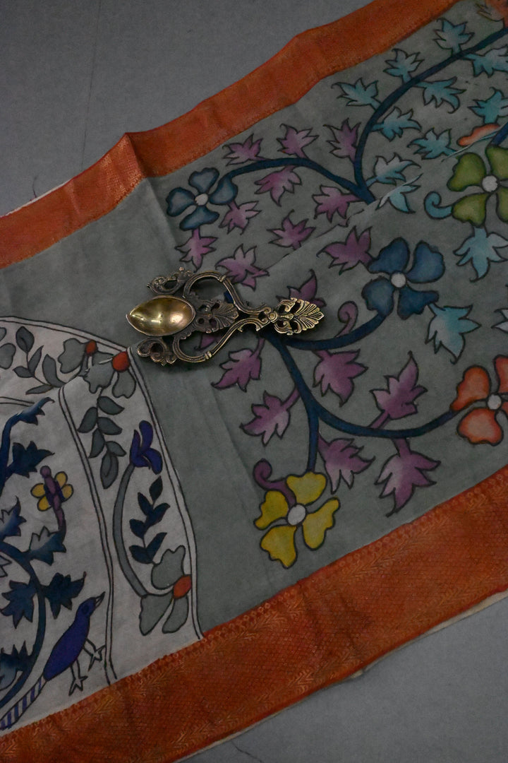Tree Of Life Arches Theme : Authentic Pen Kalamkari on Pure Mangalagiri Silk Cotton Saree with Red Zari Borders | SHOBITAM