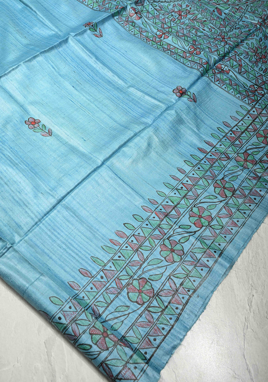 Turquoise Sanskriti Pushpanjali Tussar Saree with Madhubani hand painting | SILK MARK CERTIFIED