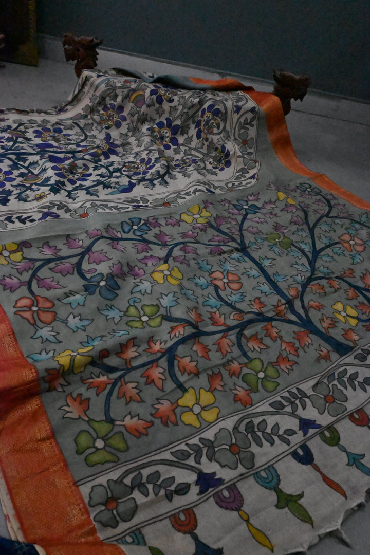 Tree Of Life Arches Theme : Authentic Pen Kalamkari on Pure Mangalagiri Silk Cotton Saree with Red Zari Borders | SHOBITAM