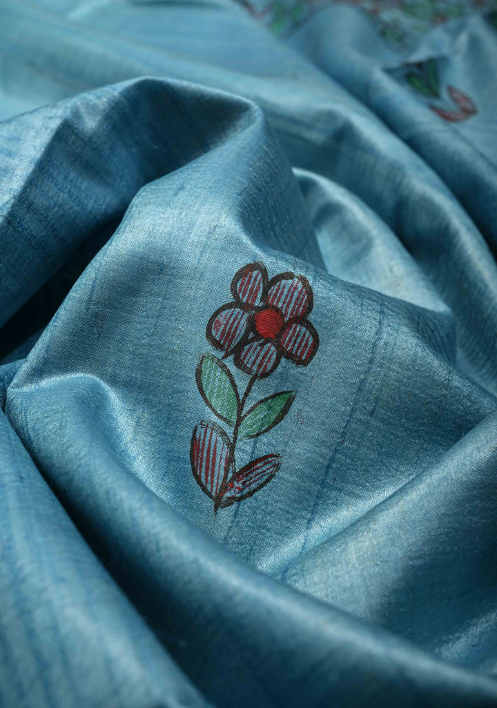 Turquoise Sanskriti Pushpanjali Tussar Saree with Madhubani hand painting | SILK MARK CERTIFIED