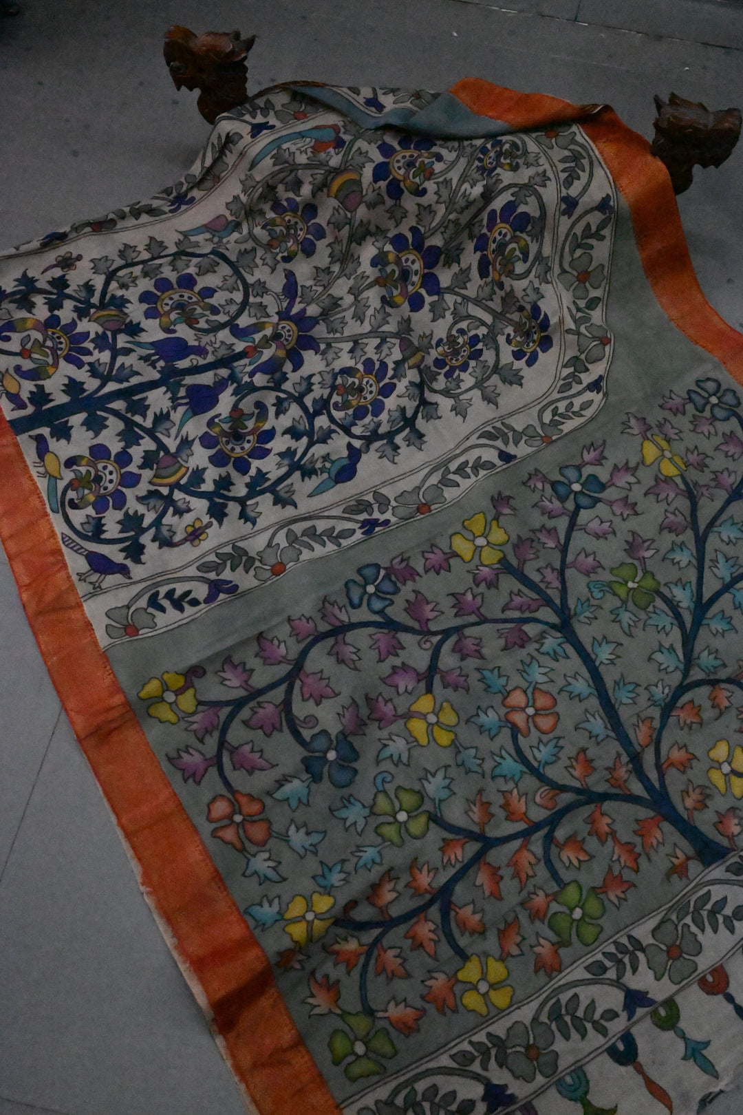 Tree Of Life Arches Theme : Authentic Pen Kalamkari on Pure Mangalagiri Silk Cotton Saree with Red Zari Borders | SHOBITAM