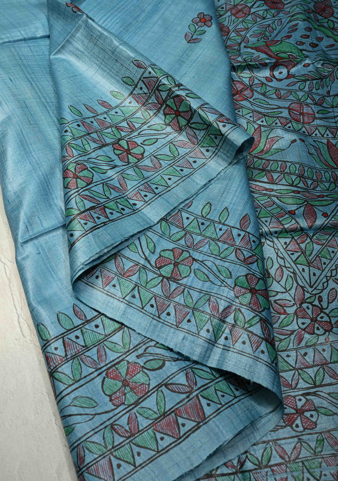 Turquoise Sanskriti Pushpanjali Tussar Saree with Madhubani hand painting | SILK MARK CERTIFIED
