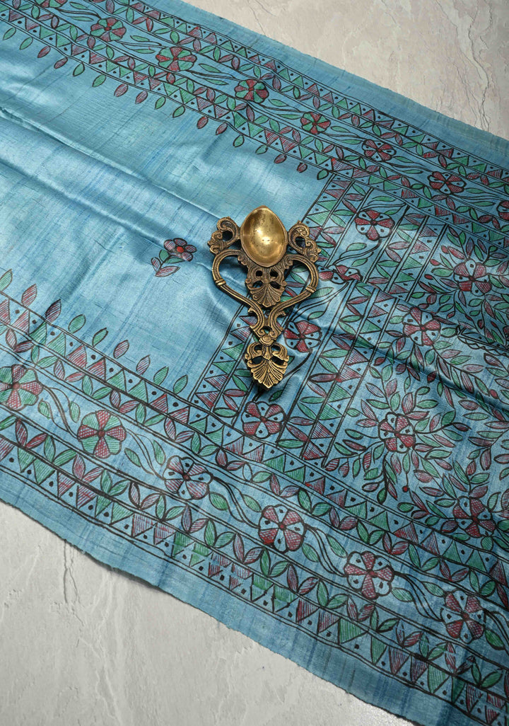 Turquoise Sanskriti Pushpanjali Tussar Saree with Madhubani hand painting | SILK MARK CERTIFIED
