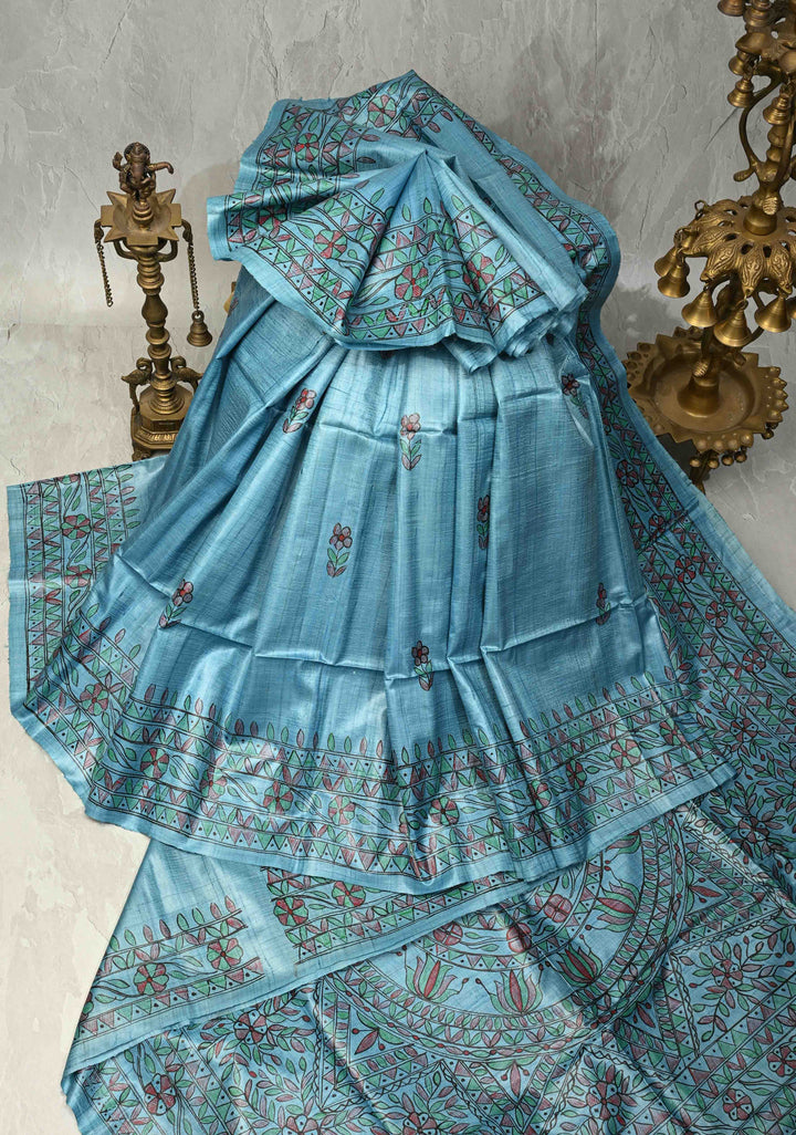 Turquoise Sanskriti Pushpanjali Tussar Saree with Madhubani hand painting | SILK MARK CERTIFIED