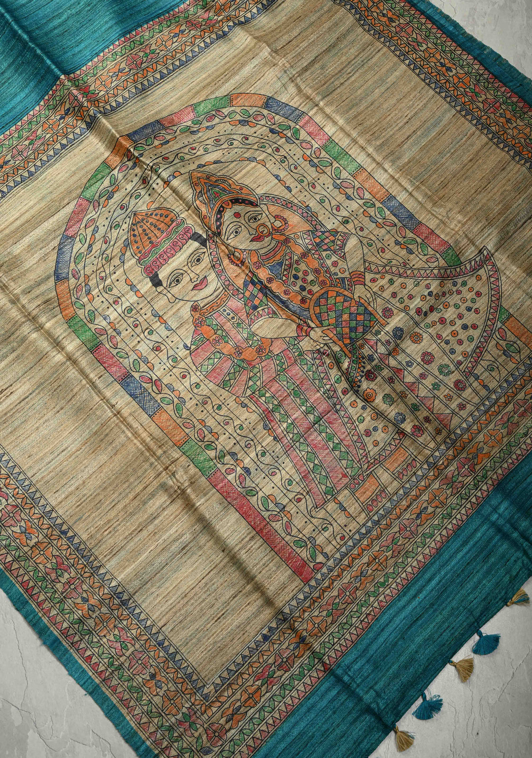 Teal Madhubani hand painting on Neelam Katha Ghicha Silk Saree | SILK MARK CERTIFIED