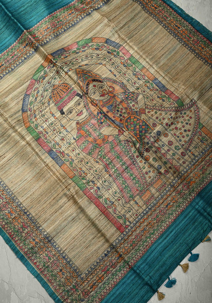 Teal Madhubani hand painting on Neelam Katha Ghicha Silk Saree | SILK MARK CERTIFIED