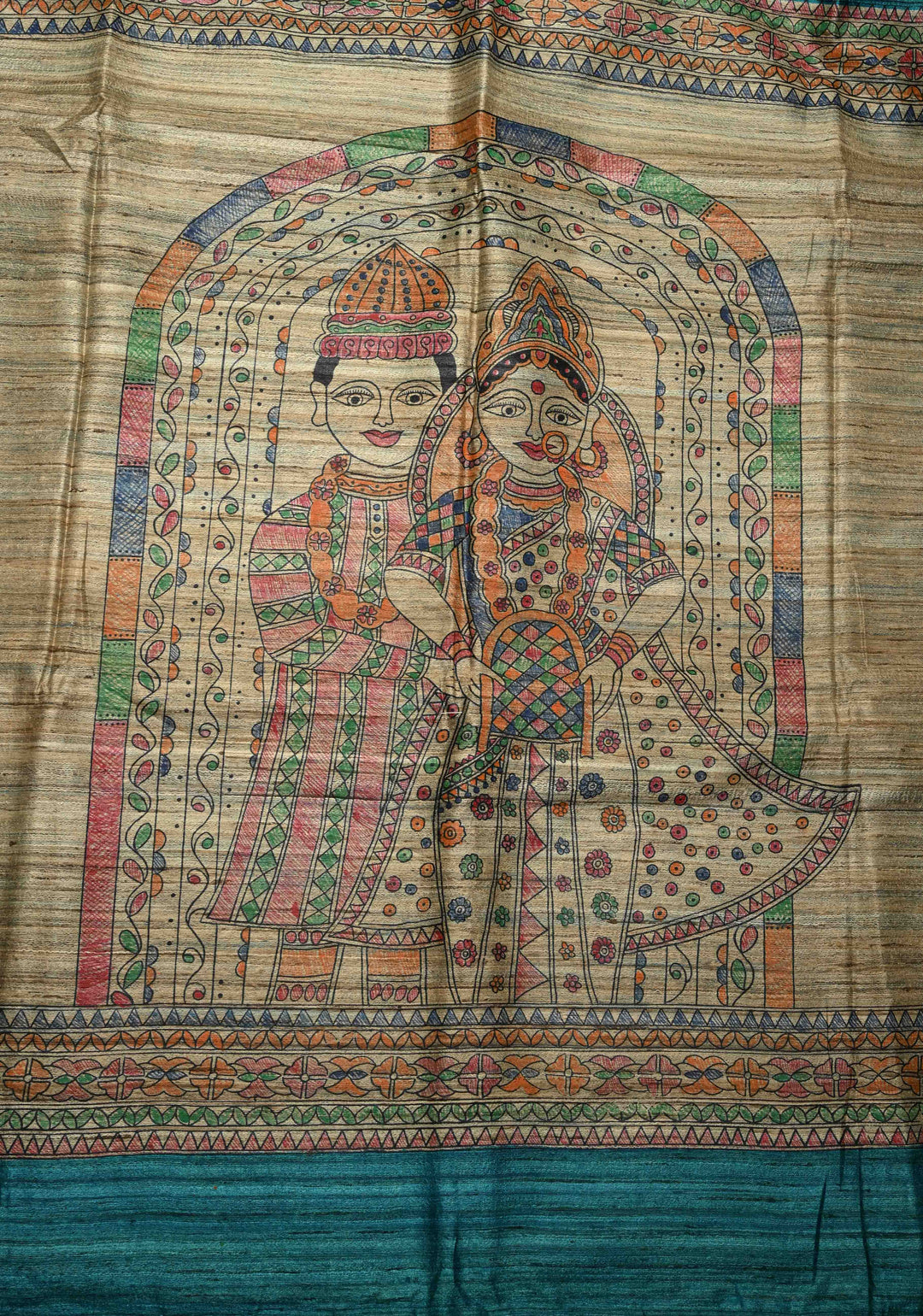 Teal Madhubani hand painting on Neelam Katha Ghicha Silk Saree | SILK MARK CERTIFIED