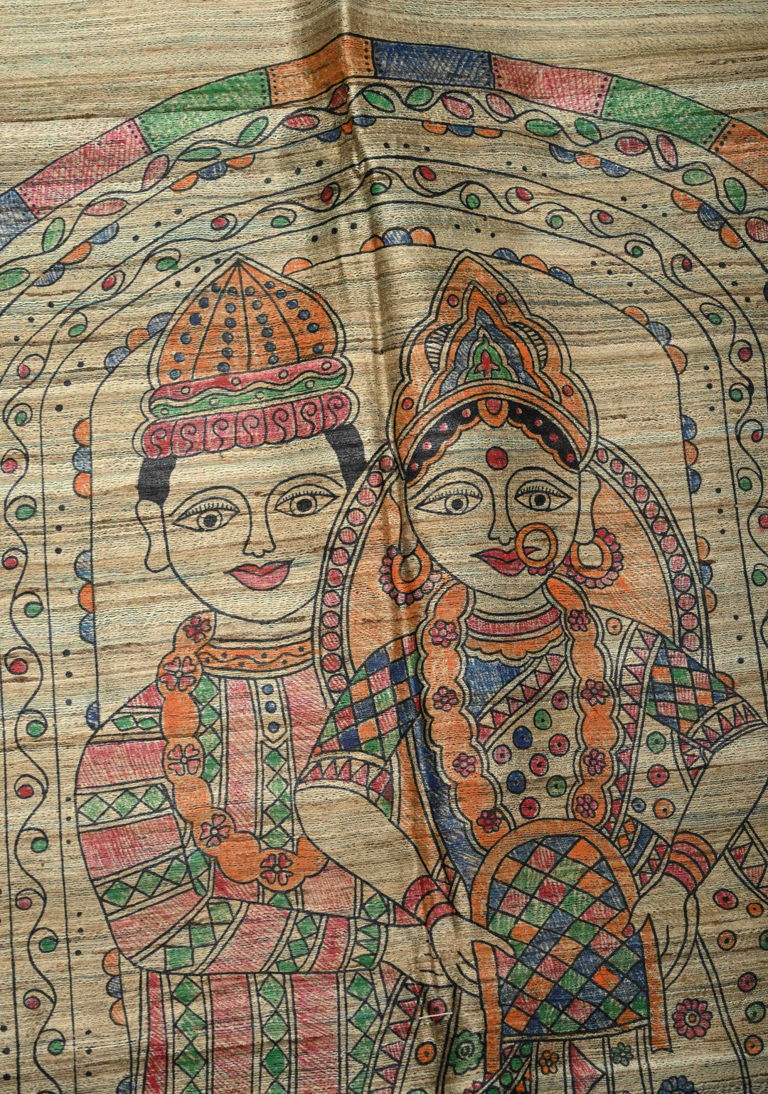 Teal Madhubani hand painting on Neelam Katha Ghicha Silk Saree | SILK MARK CERTIFIED