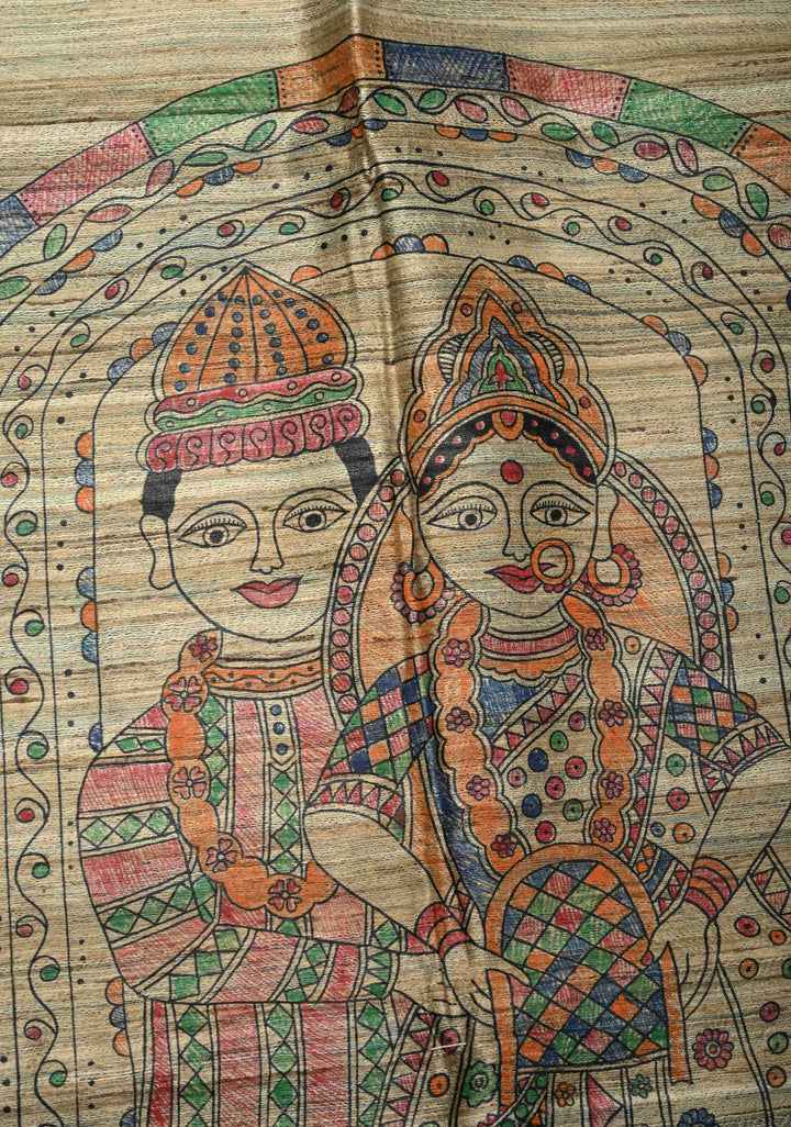 Teal Madhubani hand painting on Neelam Katha Ghicha Silk Saree | SILK MARK CERTIFIED